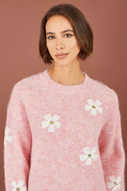 Yumi Pink Relaxed Jumper With Crochet Flowers – product image 1 of 6