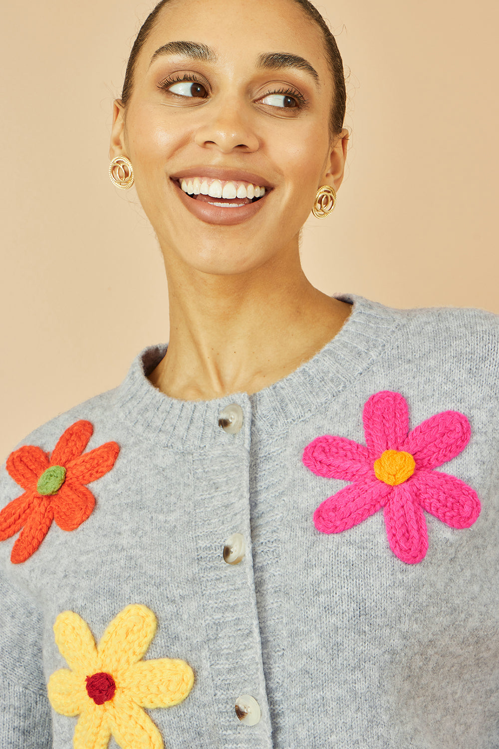 Yumi Grey Knitted Flower Applique Cardigan - product image 3 of 5