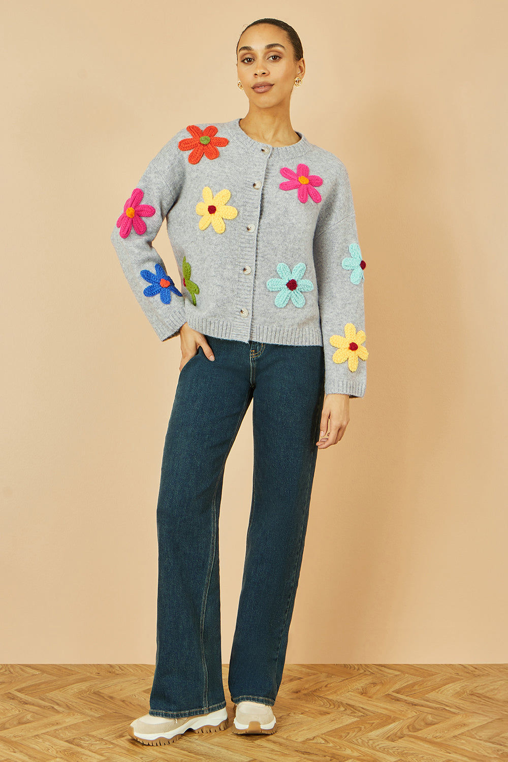 Yumi Grey Knitted Flower Applique Cardigan - product image 4 of 5