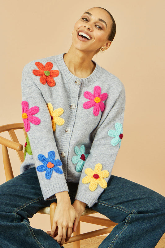 Yumi Grey Knitted Flower Applique Cardigan - product image 1 of 5