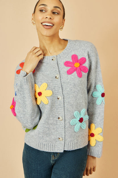 Yumi Grey Knitted Flower Applique Cardigan - product image 2 of 5