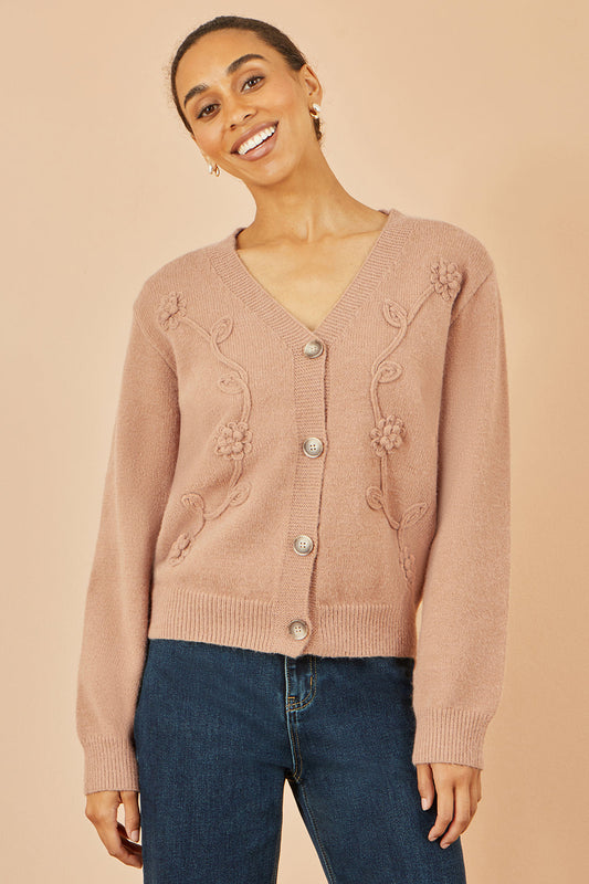 Yumi Brown Floral Embroidered Relaxed Fit Cardigan – product image 1 of 5