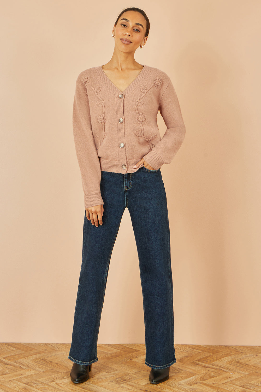 Yumi Brown Floral Embroidered Relaxed Fit Cardigan – product image 4 of 5