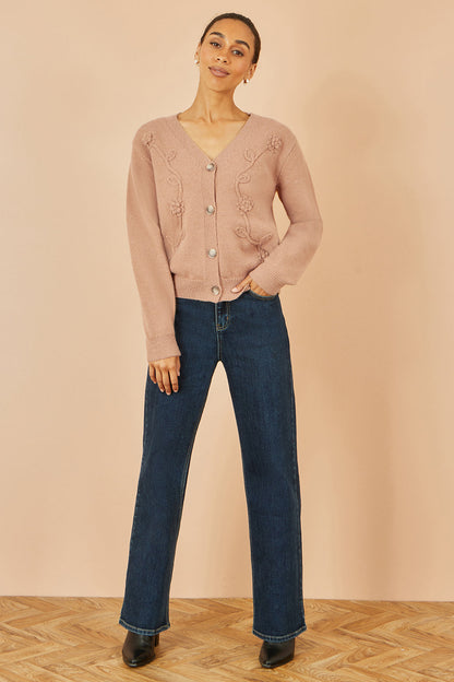 Yumi Brown Floral Embroidered Relaxed Fit Cardigan – product image 4 of 5