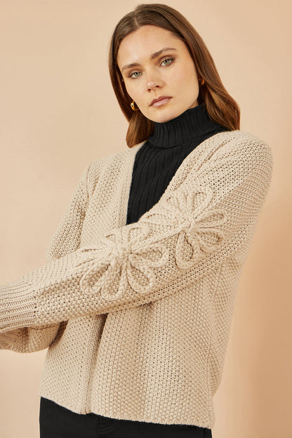 Yumi Beige Edge to Edge Cardigan With Flower Detail Sleeves – product image 1 of 5