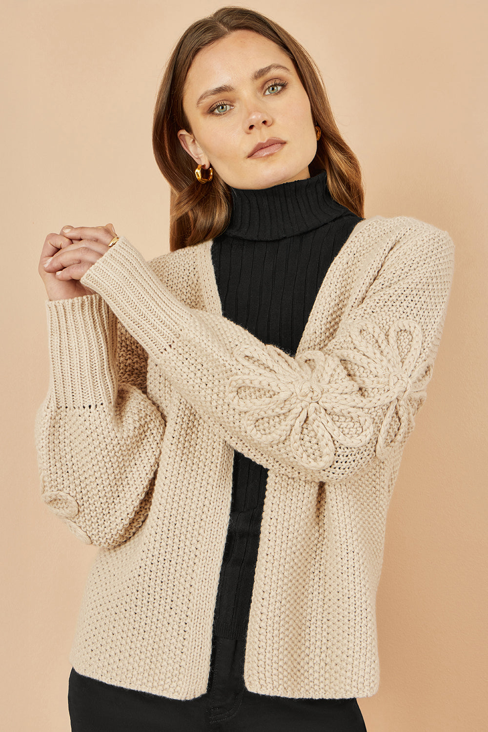 Yumi Beige Edge to Edge Cardigan With Flower Detail Sleeves – product image 4 of 5
