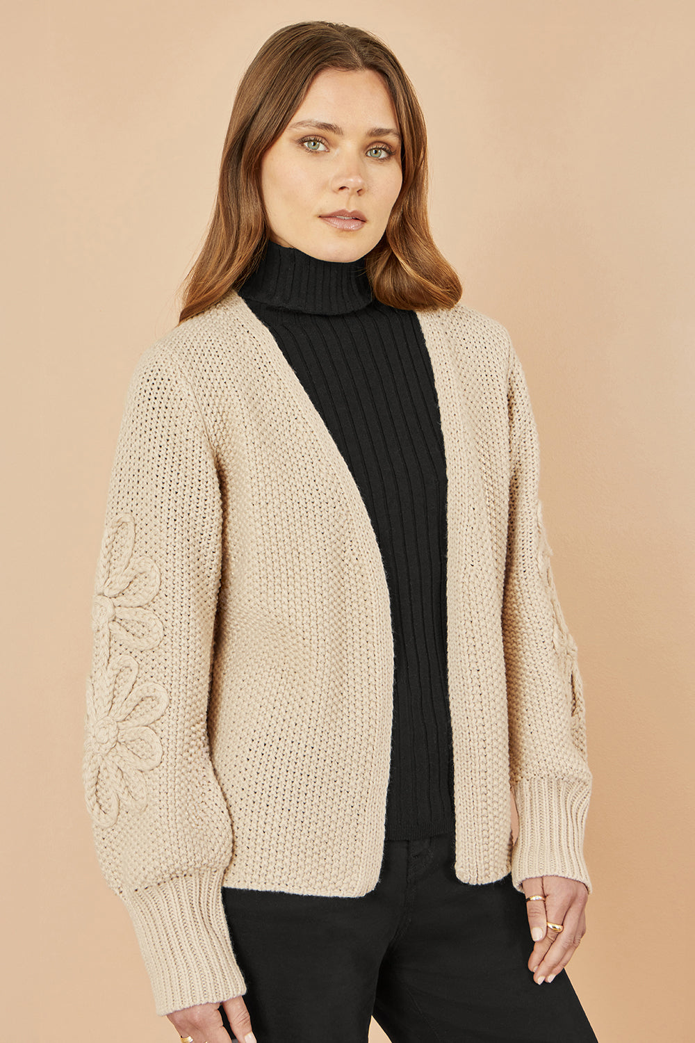 Yumi Beige Edge to Edge Cardigan With Flower Detail Sleeves – product image 2 of 5