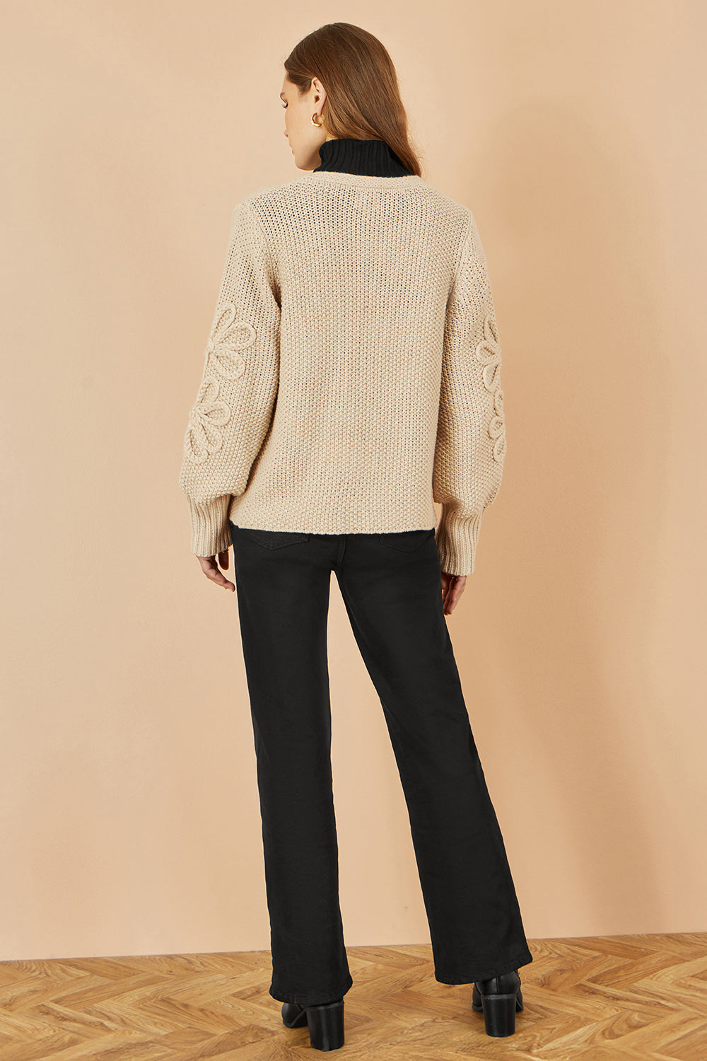 Yumi Beige Edge to Edge Cardigan With Flower Detail Sleeves – product image 5 of 5