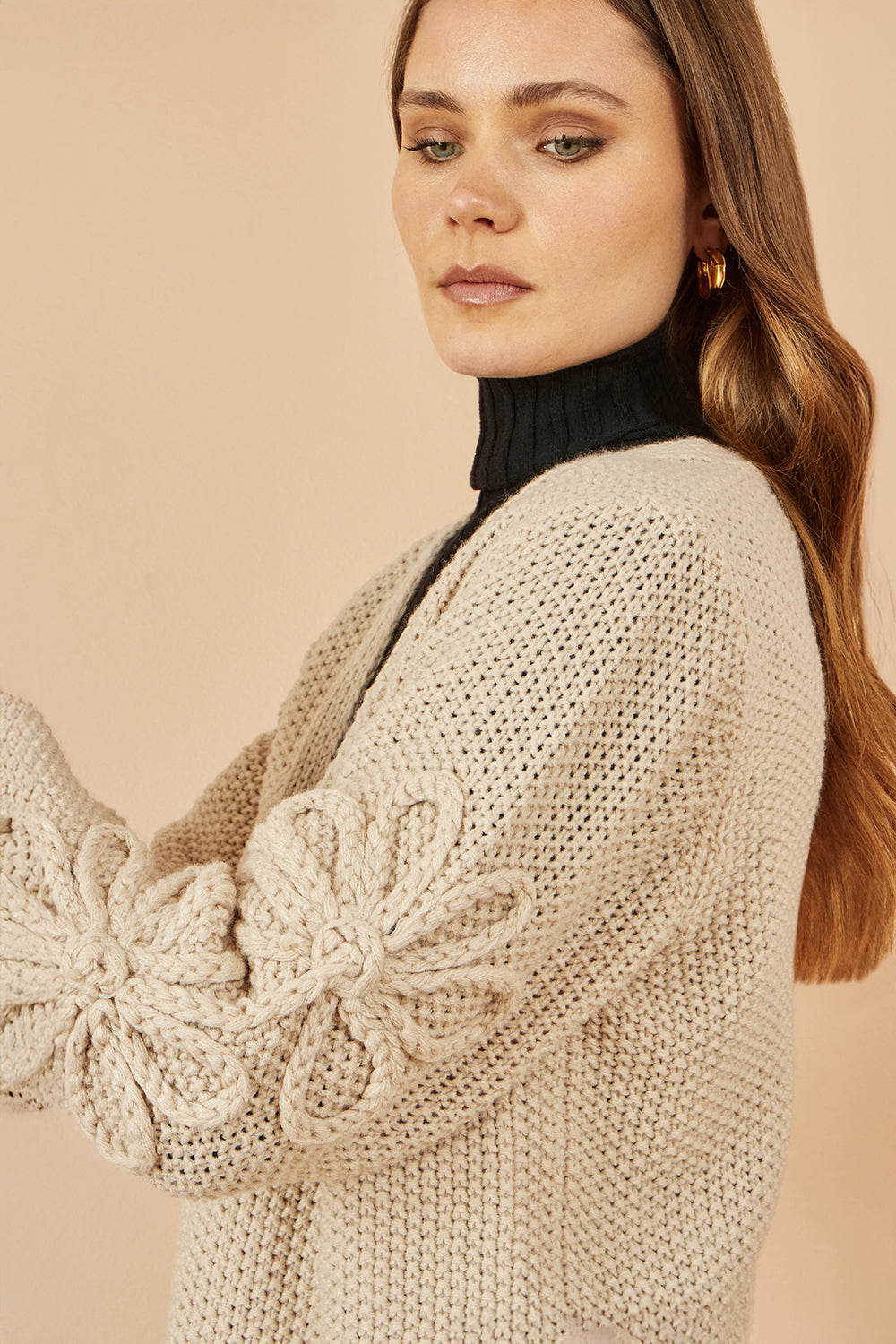 Yumi Beige Edge to Edge Cardigan With Flower Detail Sleeves – product image 3 of 5
