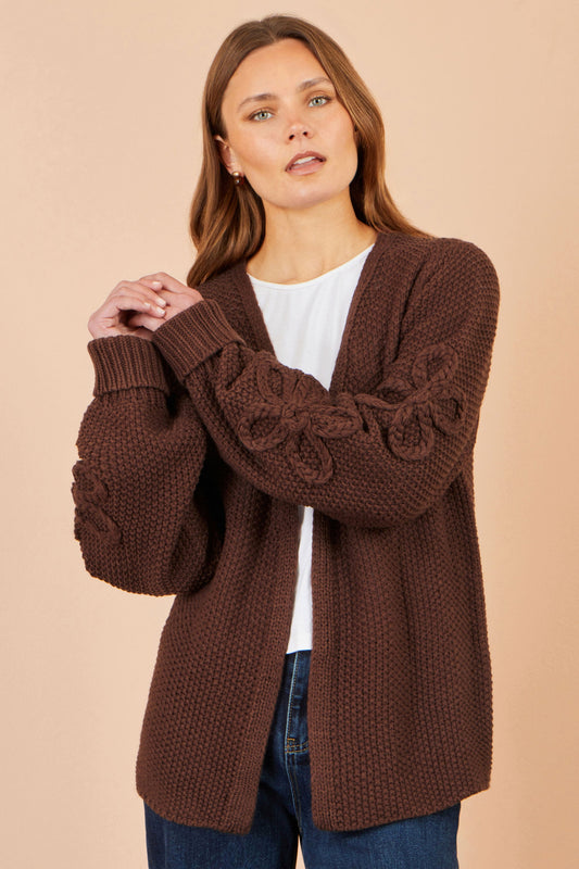 Yumi Brown Cardigan With Flower Detail Sleeves – product image 1 of 6