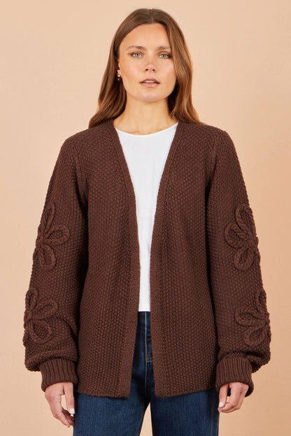 Yumi Brown Cardigan With Flower Detail Sleeves – product image 2 of 6