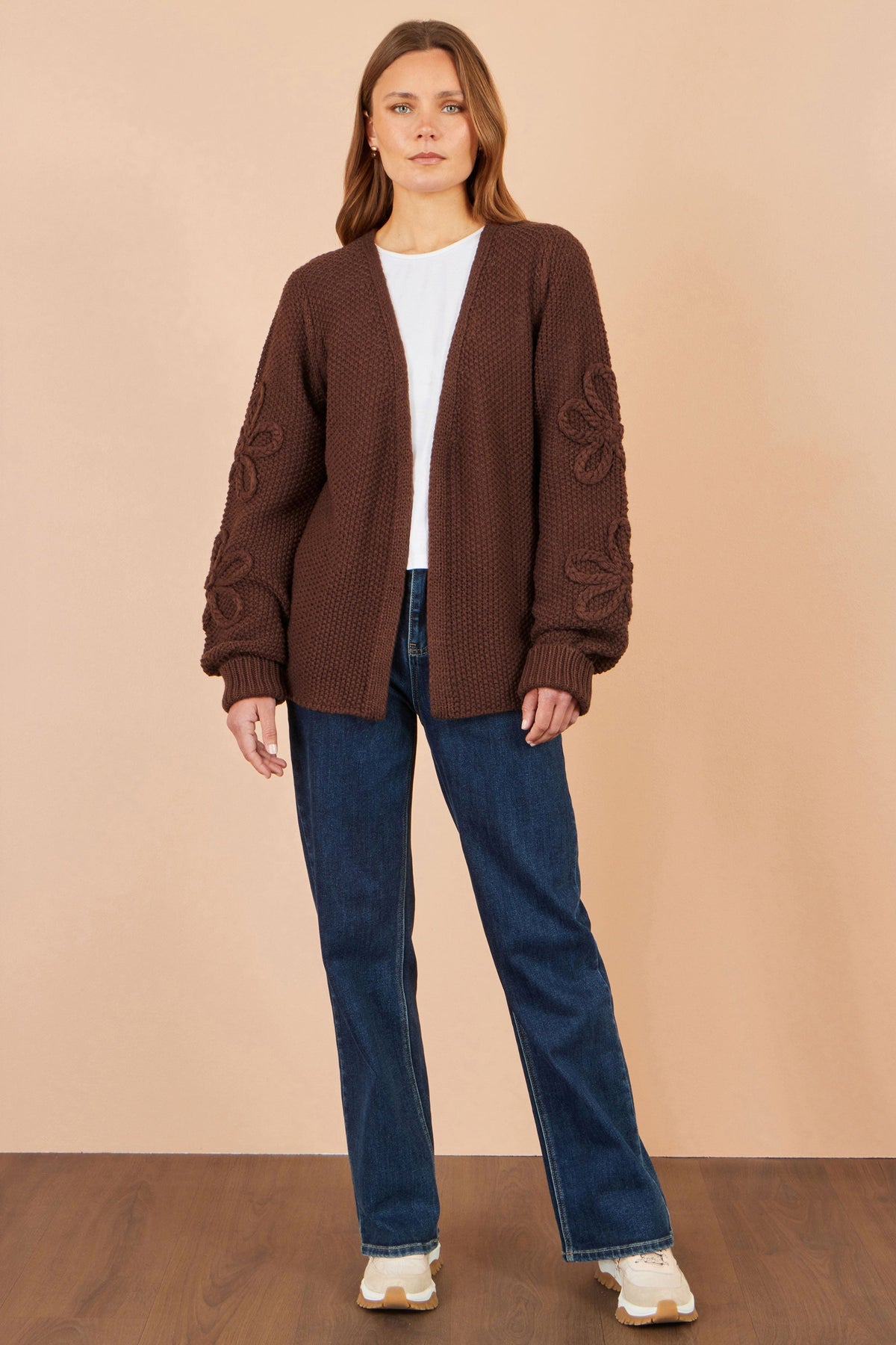Yumi Brown Cardigan With Flower Detail Sleeves – product image 3 of 6