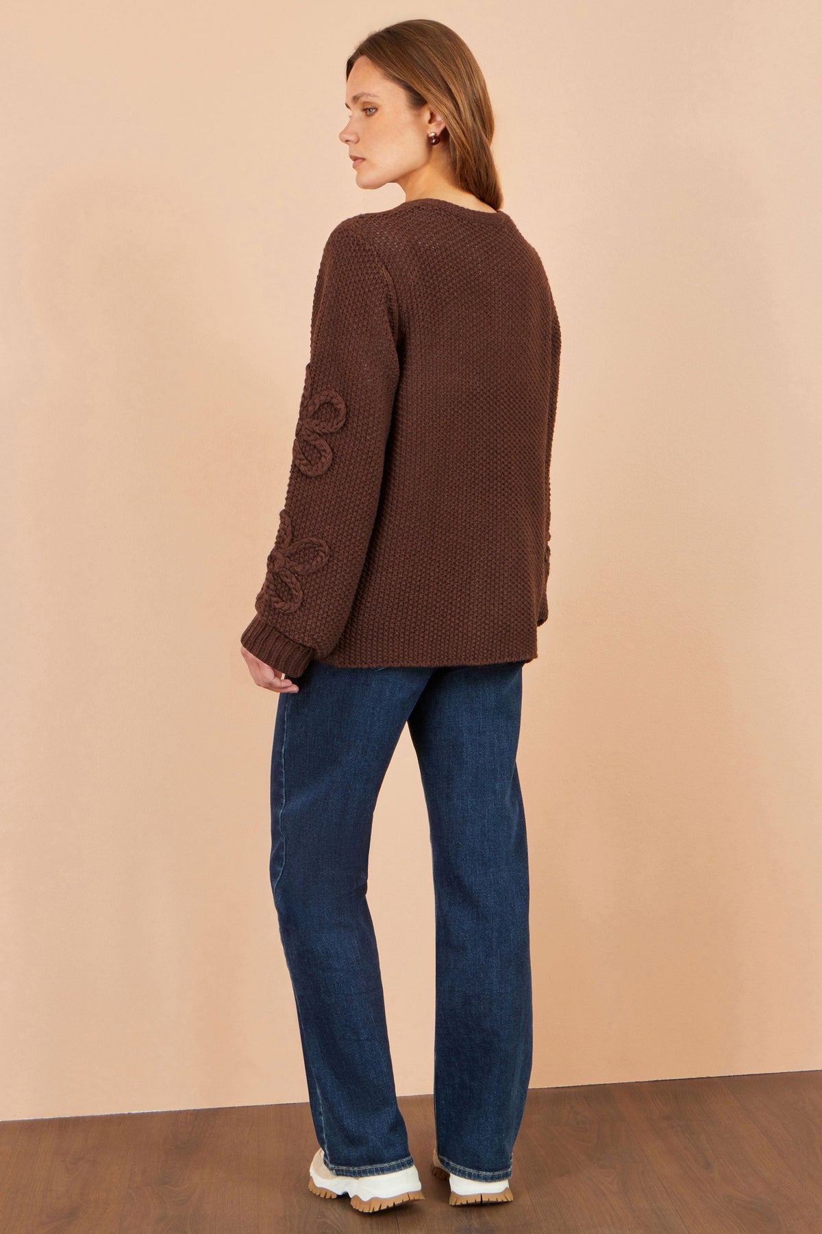 Yumi Brown Cardigan With Flower Detail Sleeves – product image 4 of 6