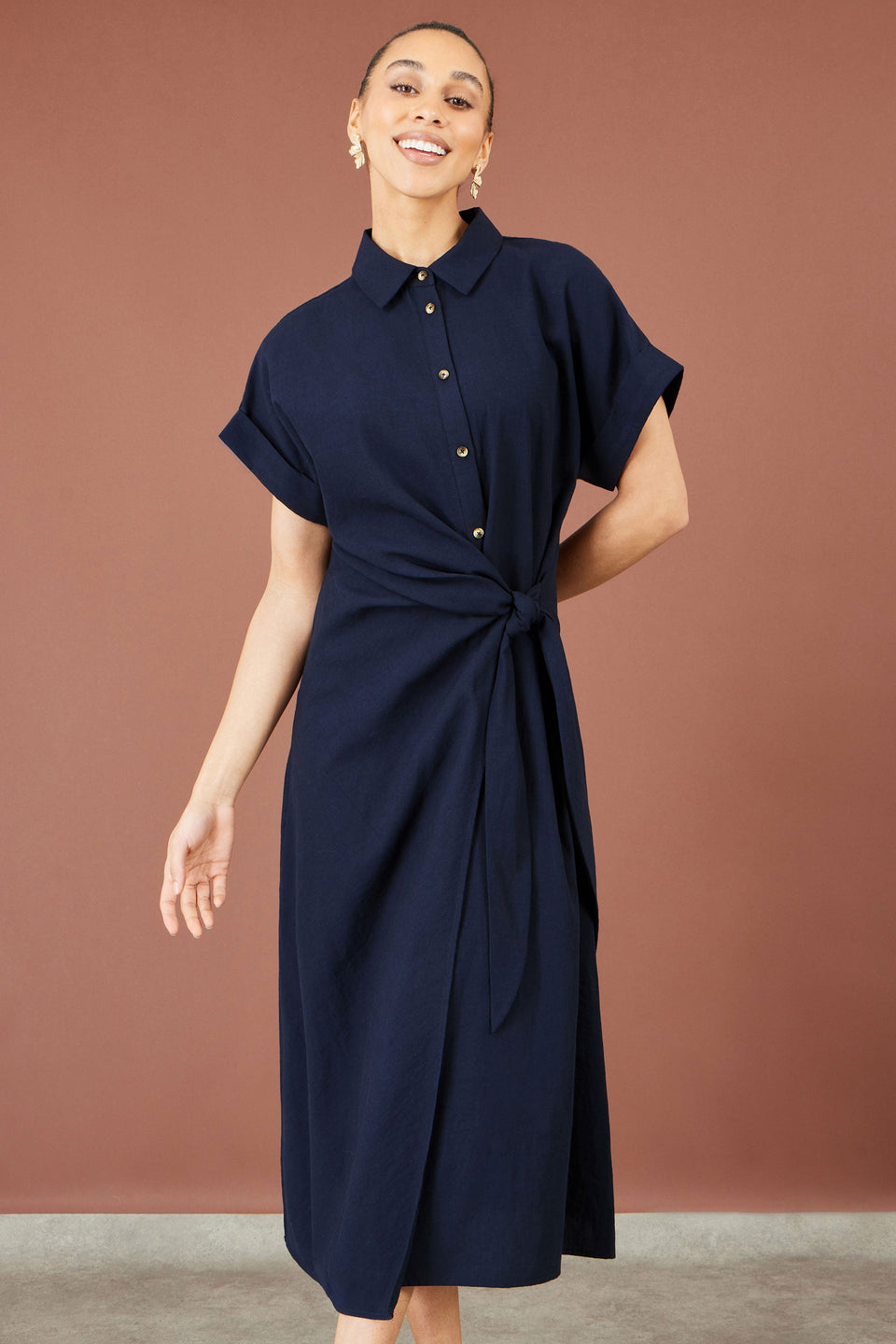 Women’s fashion — Yumi Navy Wrap Tie Midi Shirt Dress