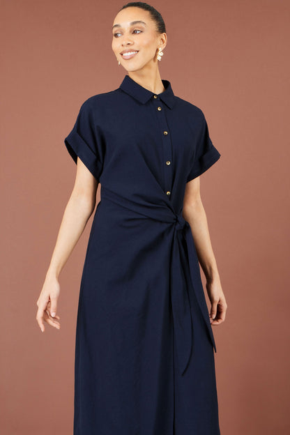 Yumi Navy Wrap Tie Midi Shirt Dress – product image 2