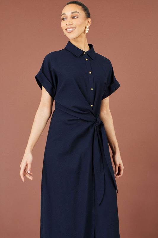Yumi Navy Wrap Tie Midi Shirt Dress – product image 2