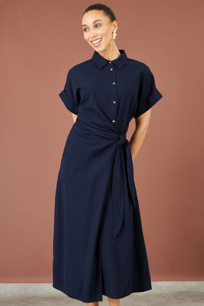 Yumi Navy Wrap Tie Midi Shirt Dress – product image 4
