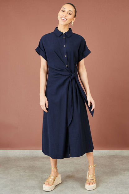 Yumi Navy Wrap Tie Midi Shirt Dress – product image 3