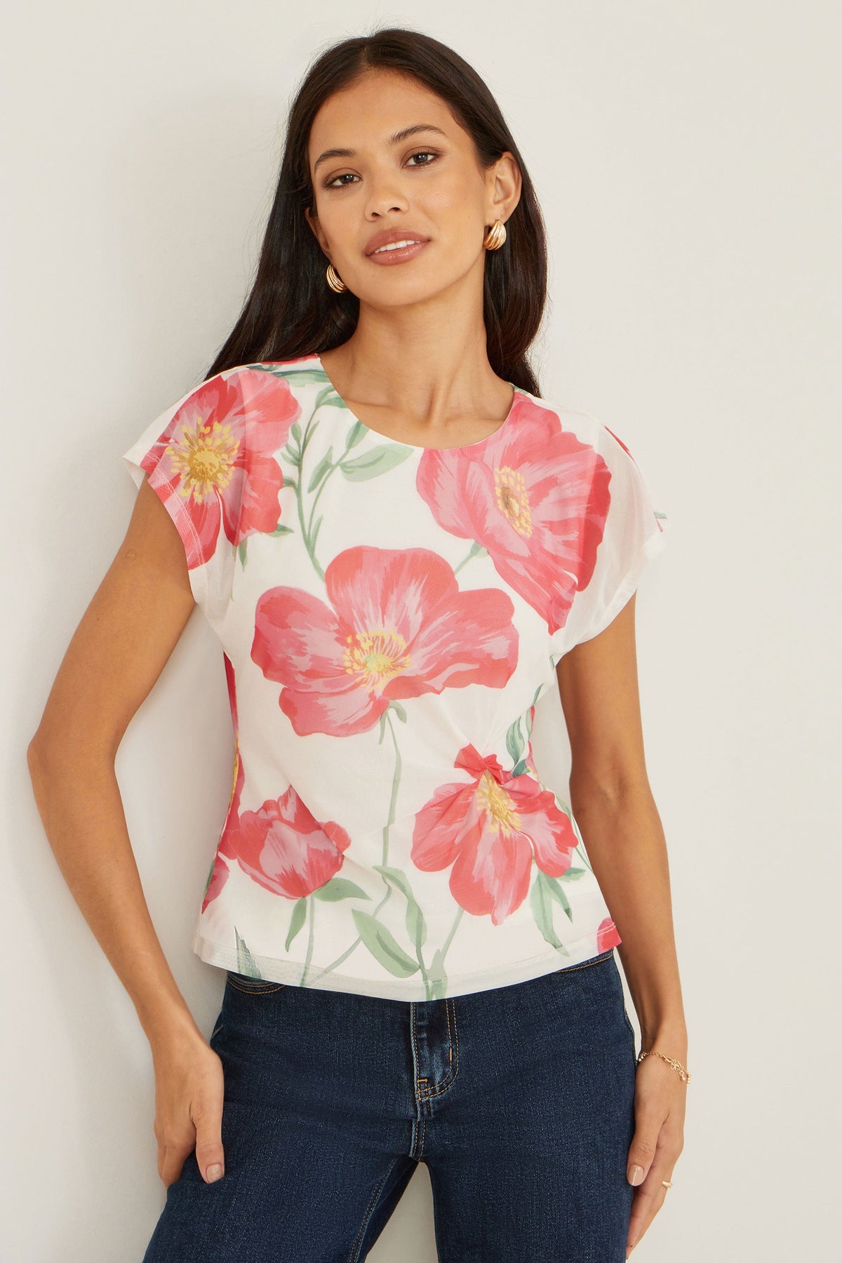 Yumi Ivory Poppy Print Mesh Top – product image 3