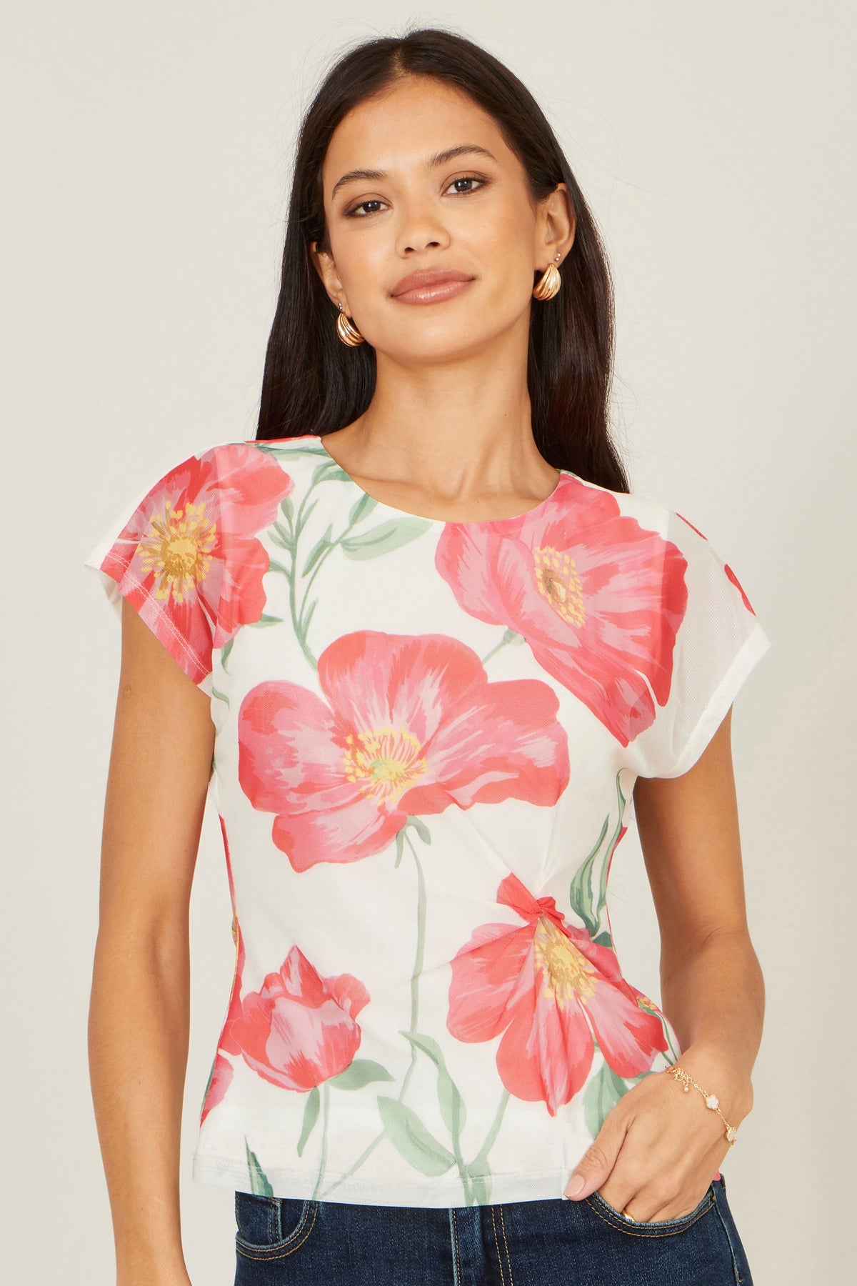 Yumi Ivory Poppy Print Mesh Top – product image 1