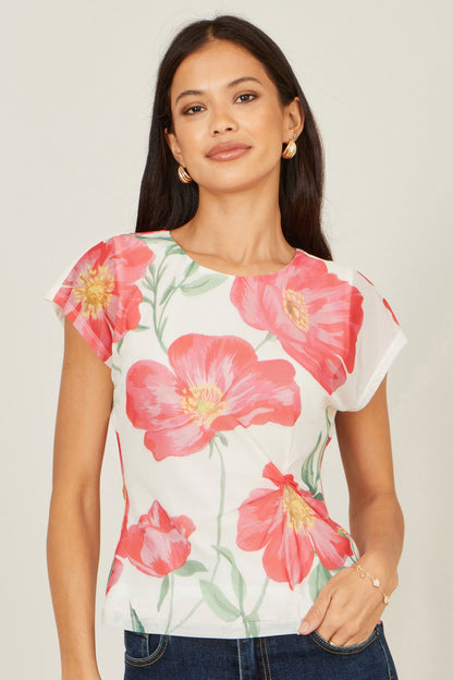 Yumi Ivory Poppy Print Mesh Top – product image 1