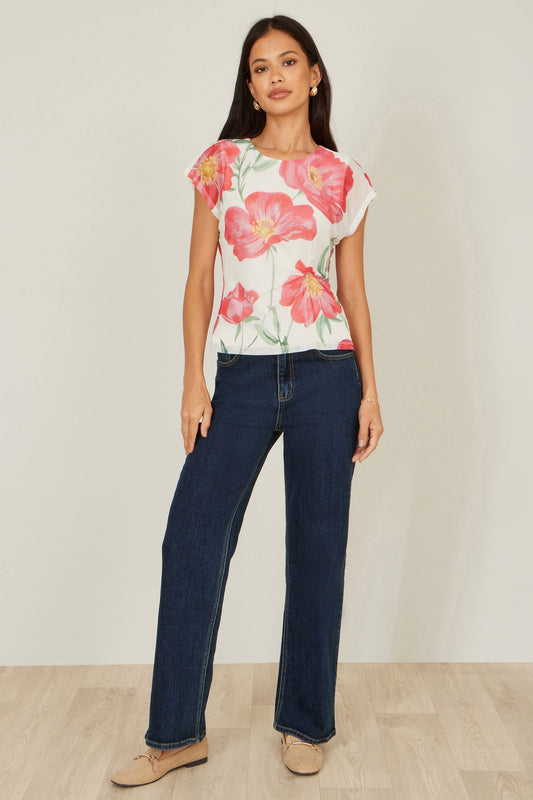 Yumi Ivory Poppy Print Mesh Top – product image 2