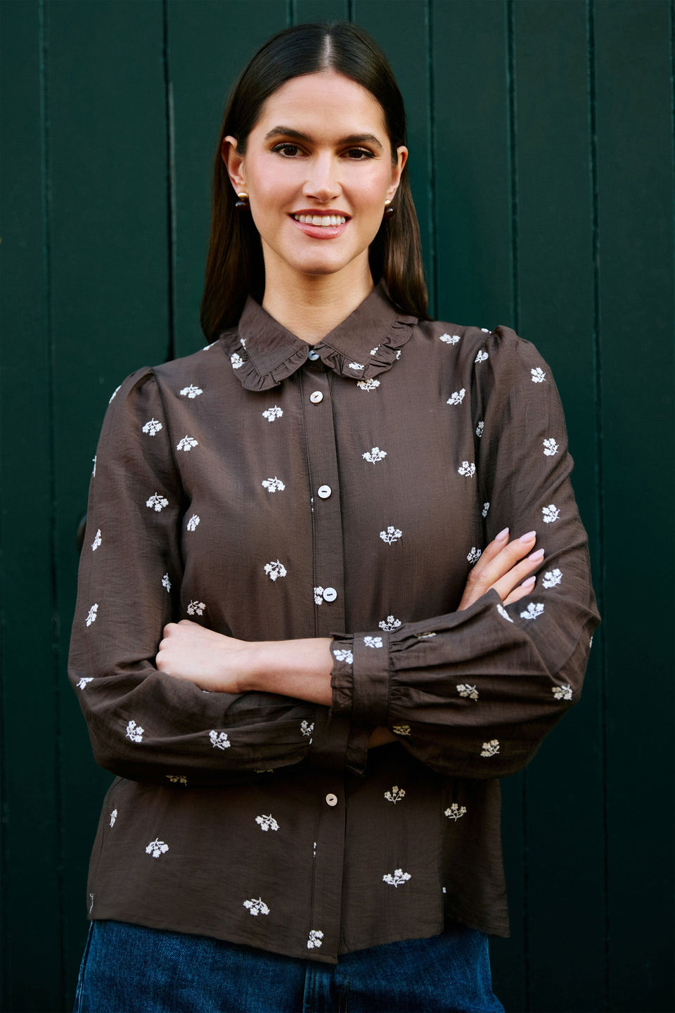Women’s fashion — Yumi Brown Viscose Daisy Embroidered Shirt