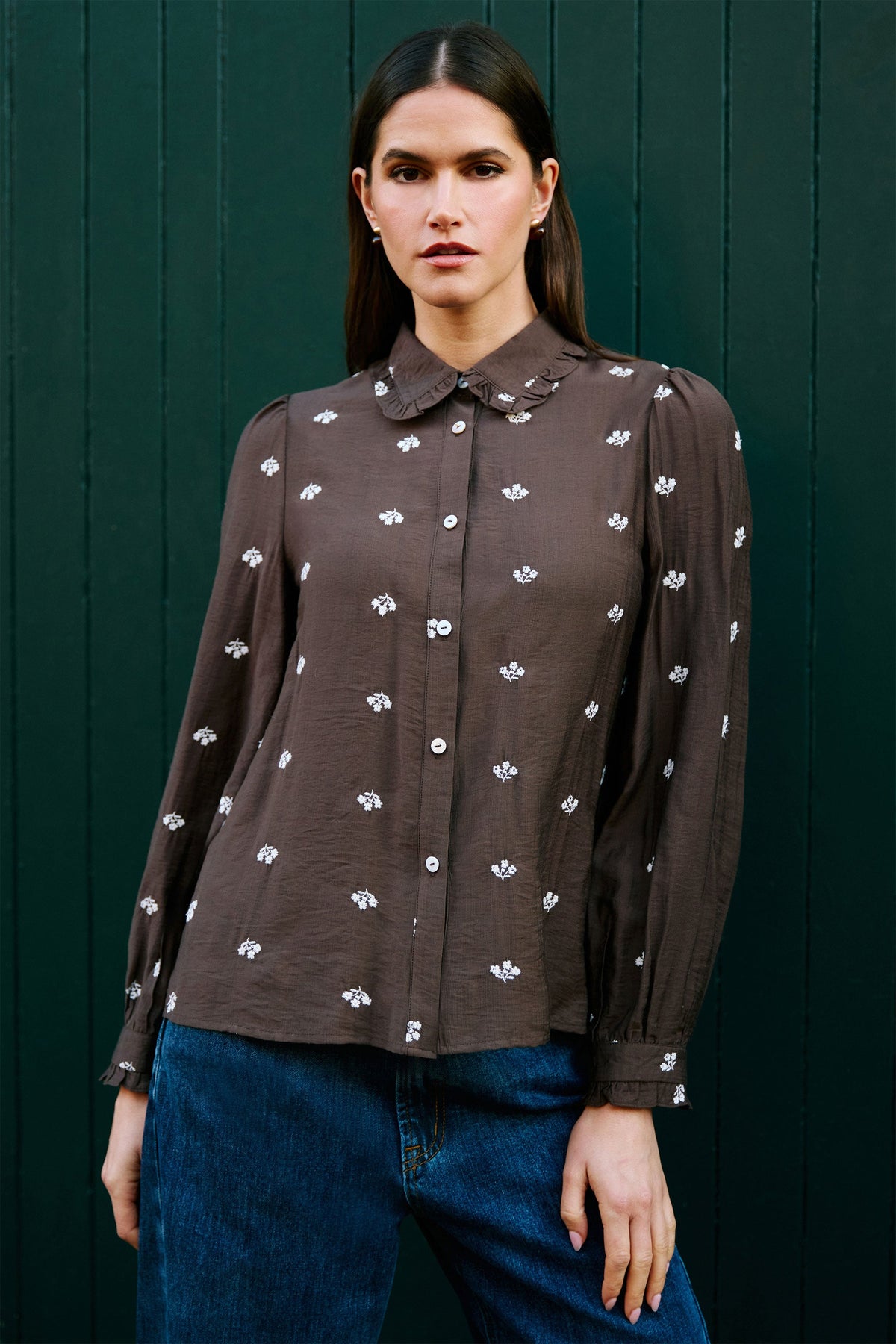 Yumi Brown Viscose Daisy Embroidered Shirt – product image 3