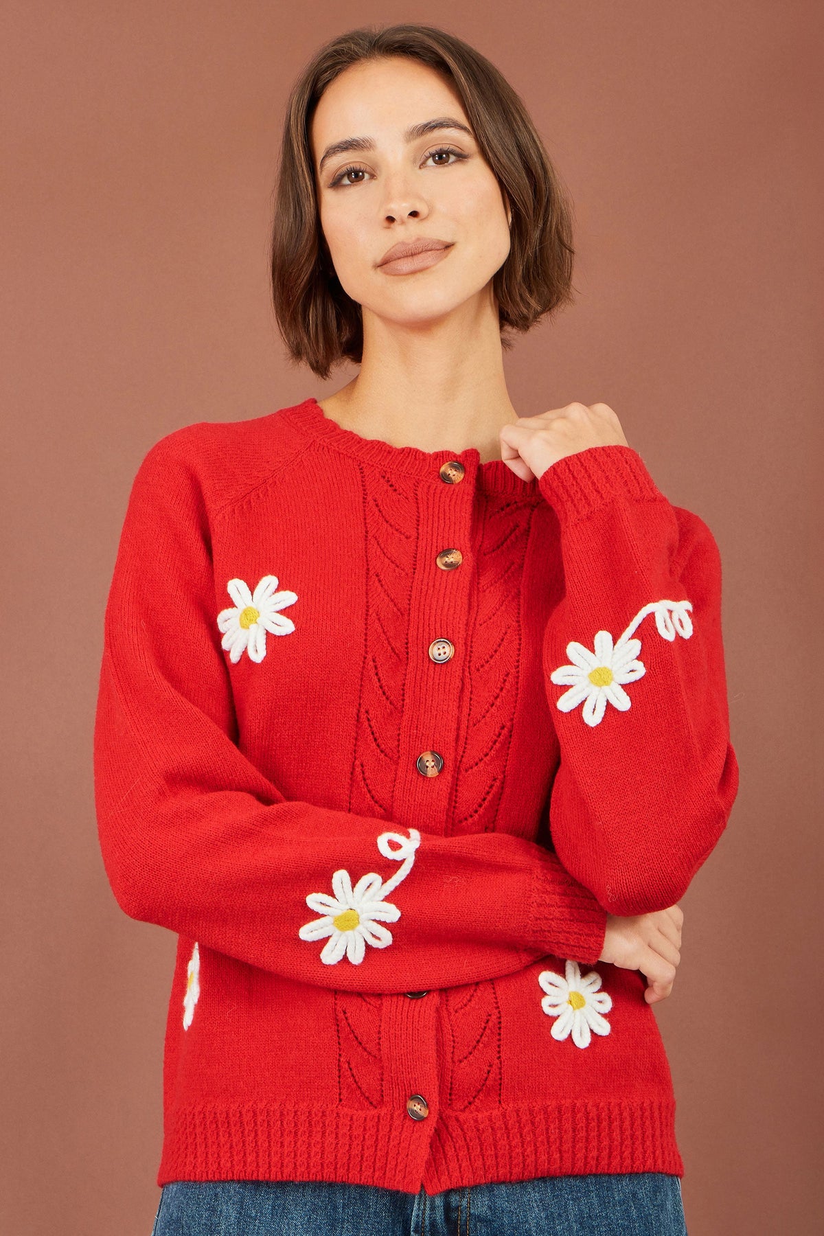 Yumi Red Daisy Stitch Cardigan – product image 1 of 6