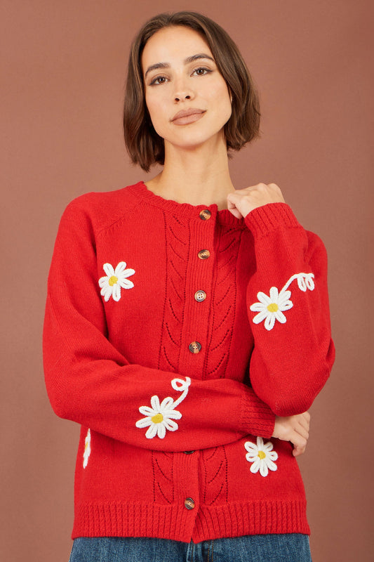 Yumi Red Daisy Stitch Cardigan – product image 1 of 6