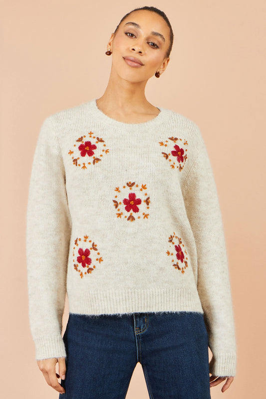 Yumi Ivory Patch Floral Embroidered Relaxed Jumper – product image 1 of 6