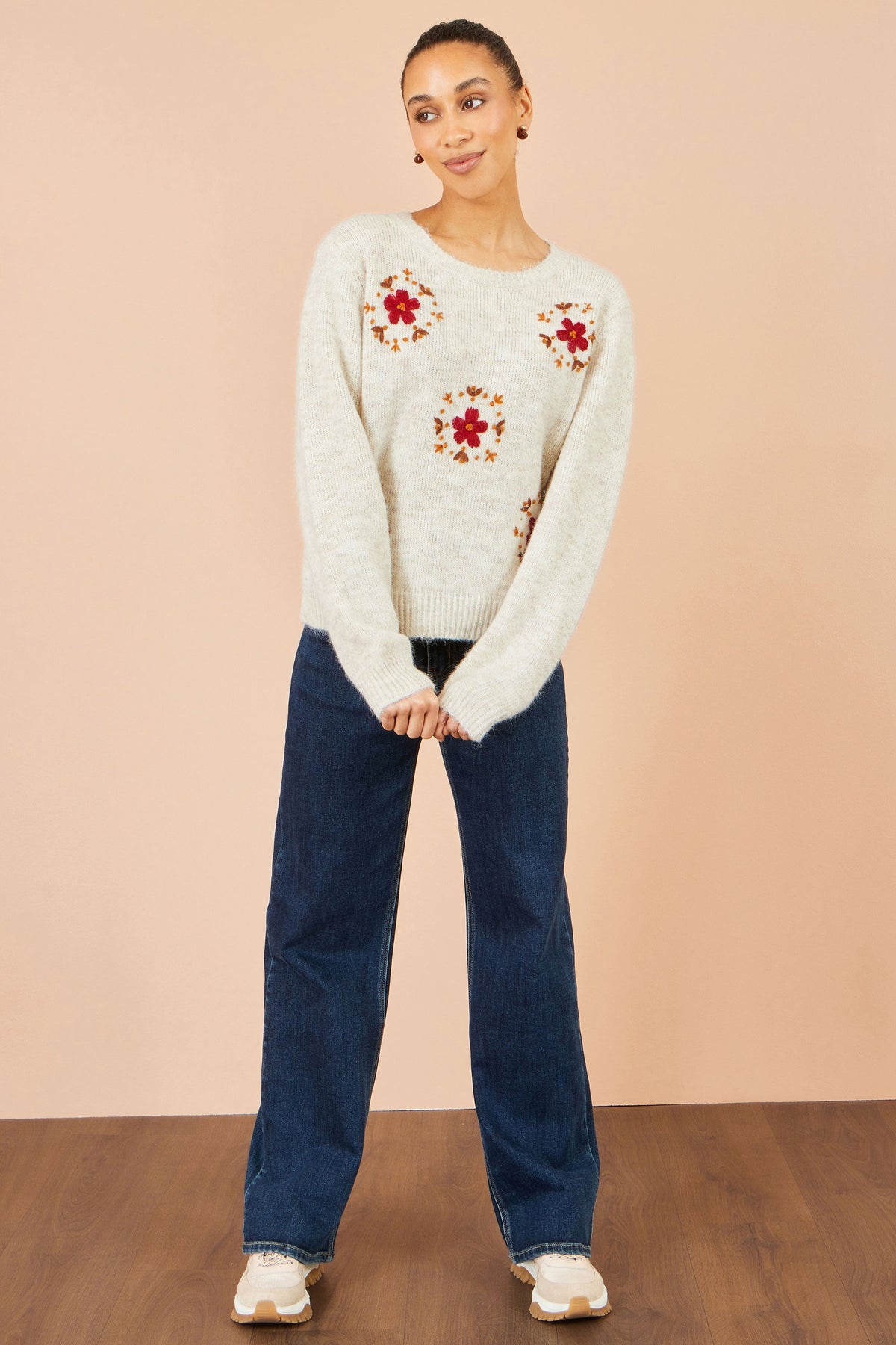 Yumi Ivory Patch Floral Embroidered Relaxed Jumper – product image 4 of 6