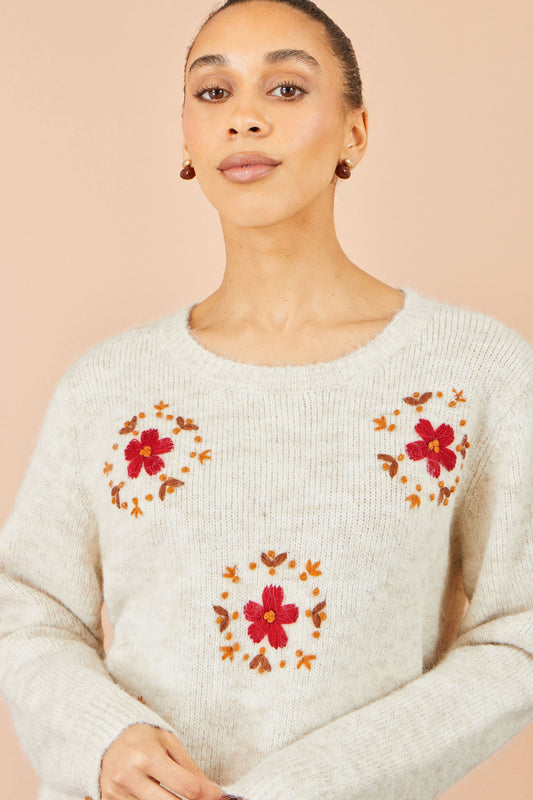Yumi Ivory Patch Floral Embroidered Relaxed Jumper – product image 2 of 6