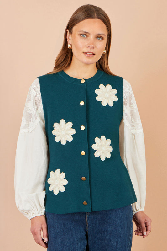 Yumi Teal Flower Applique Knit Waistcoat – product image 1 of 5