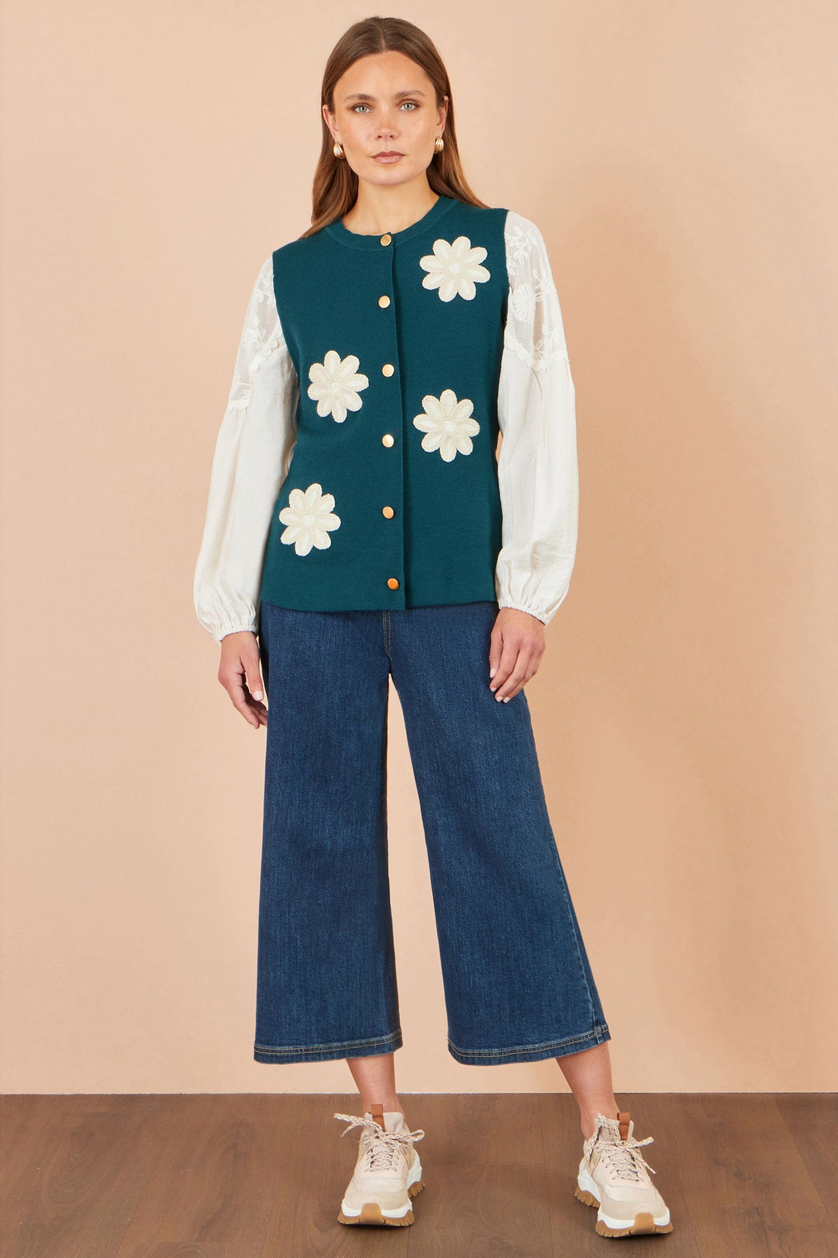 Yumi Teal Flower Applique Knit Waistcoat – product image 3 of 5