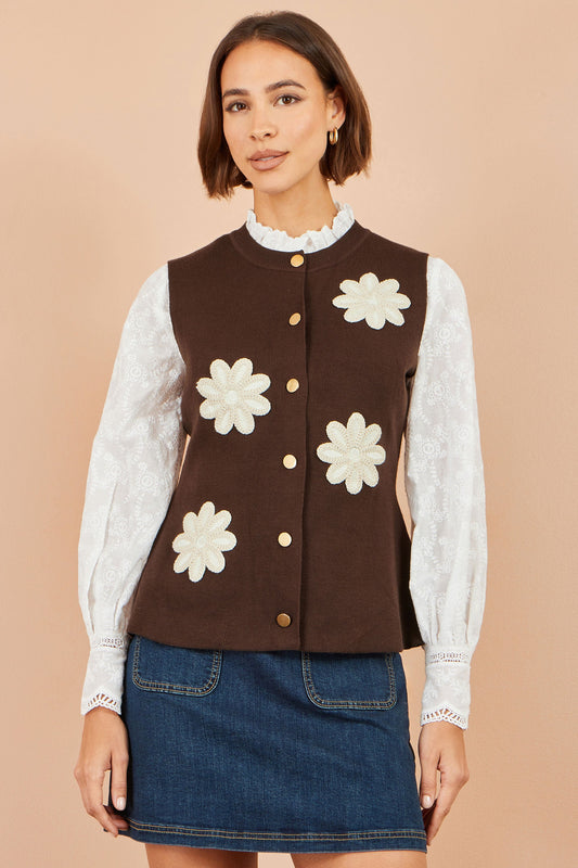 Yumi Brown Flower Applique Knit Waistcoat – product image 1 of 5