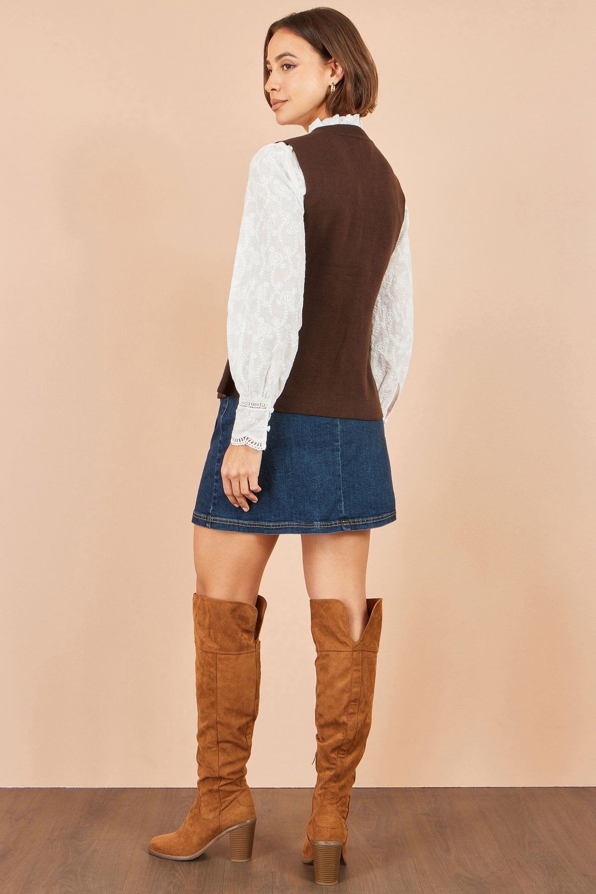 Yumi Brown Flower Applique Knit Waistcoat – product image 3 of 5