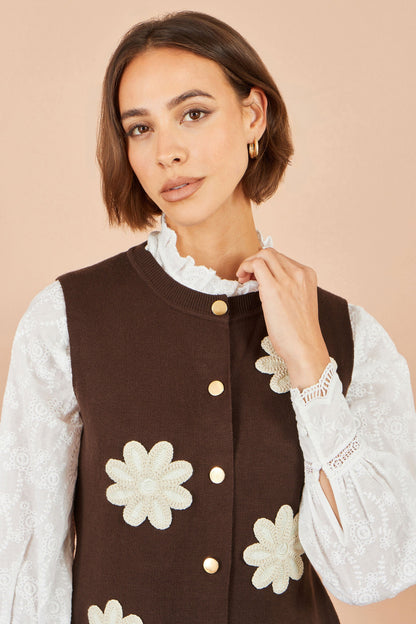 Yumi Brown Flower Applique Knit Waistcoat – product image 4 of 5