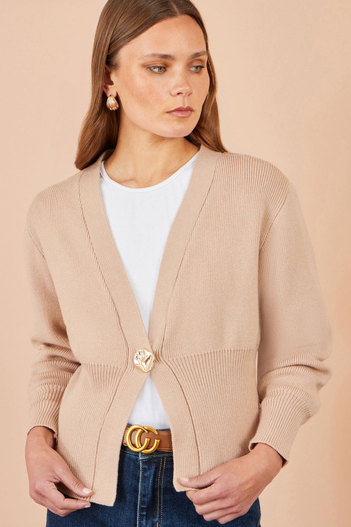 Yumi Beige Knitted Button Cardigan – product image 1 of 5
