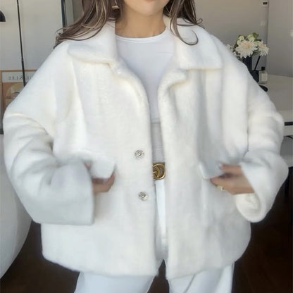 Loose Lapel Single Breasted Furry Coat Winter Fashion Fleece Long Sleeve Jacket Plush Short Top For Woman - product image 5 of 6