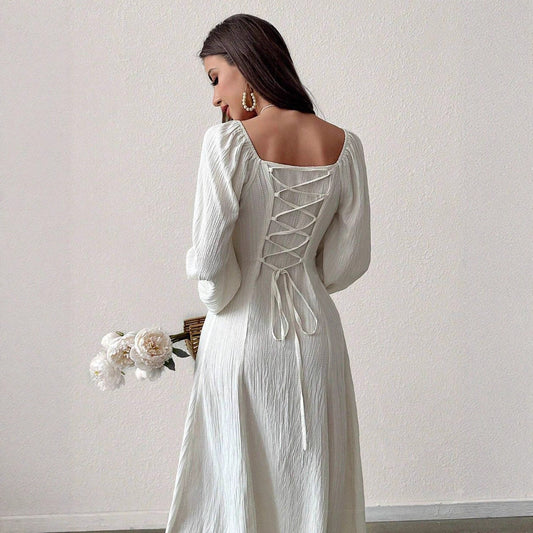 Women's Fashion Square-neck Tie-waist Figure-flattering A-line Dress With Long Sleeves And An Elegant Vibe - product image 2 of 9