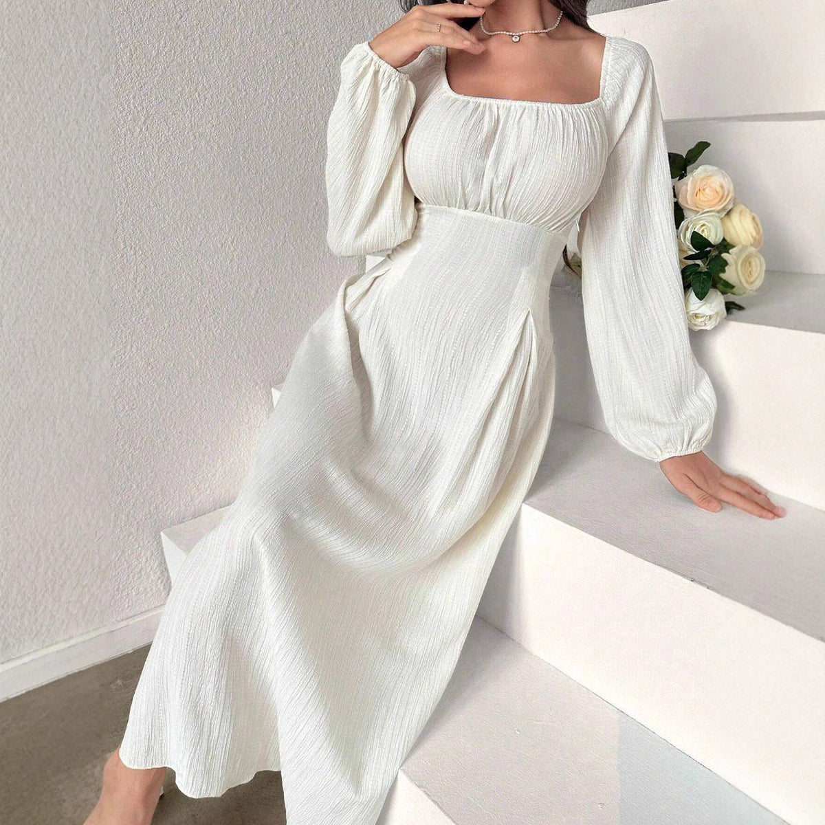 Women's Fashion Square-neck Tie-waist Figure-flattering A-line Dress With Long Sleeves And An Elegant Vibe - product image 3 of 9