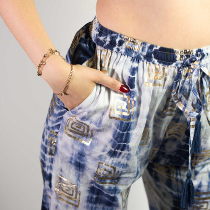 Nomad Sari Lounge Pants (M/L) – Blue Tie-Dye with Gold Greek Motif – product image 9 of 12