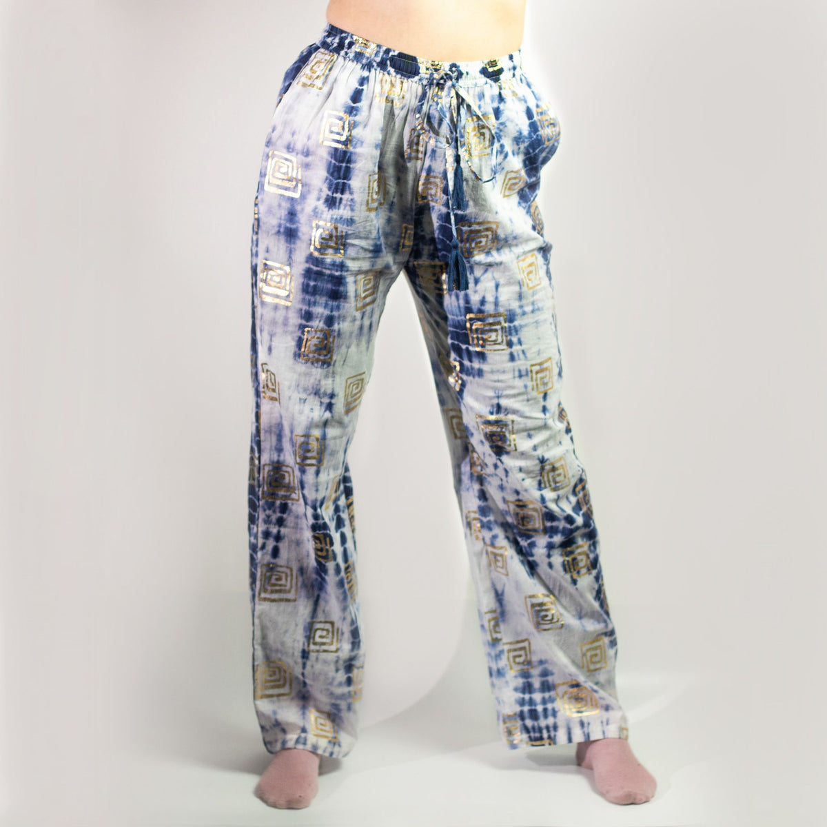 Nomad Sari Lounge Pants (M/L) – Blue Tie-Dye with Gold Greek Motif – product image 6 of 12
