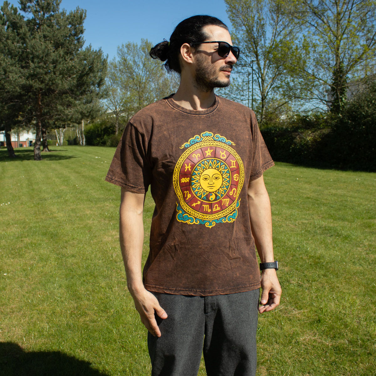 Nomad Sari Stonewashed Cotton T-Shirt - Sun & Zodiac - Brown - Medium – product image 4 of 7