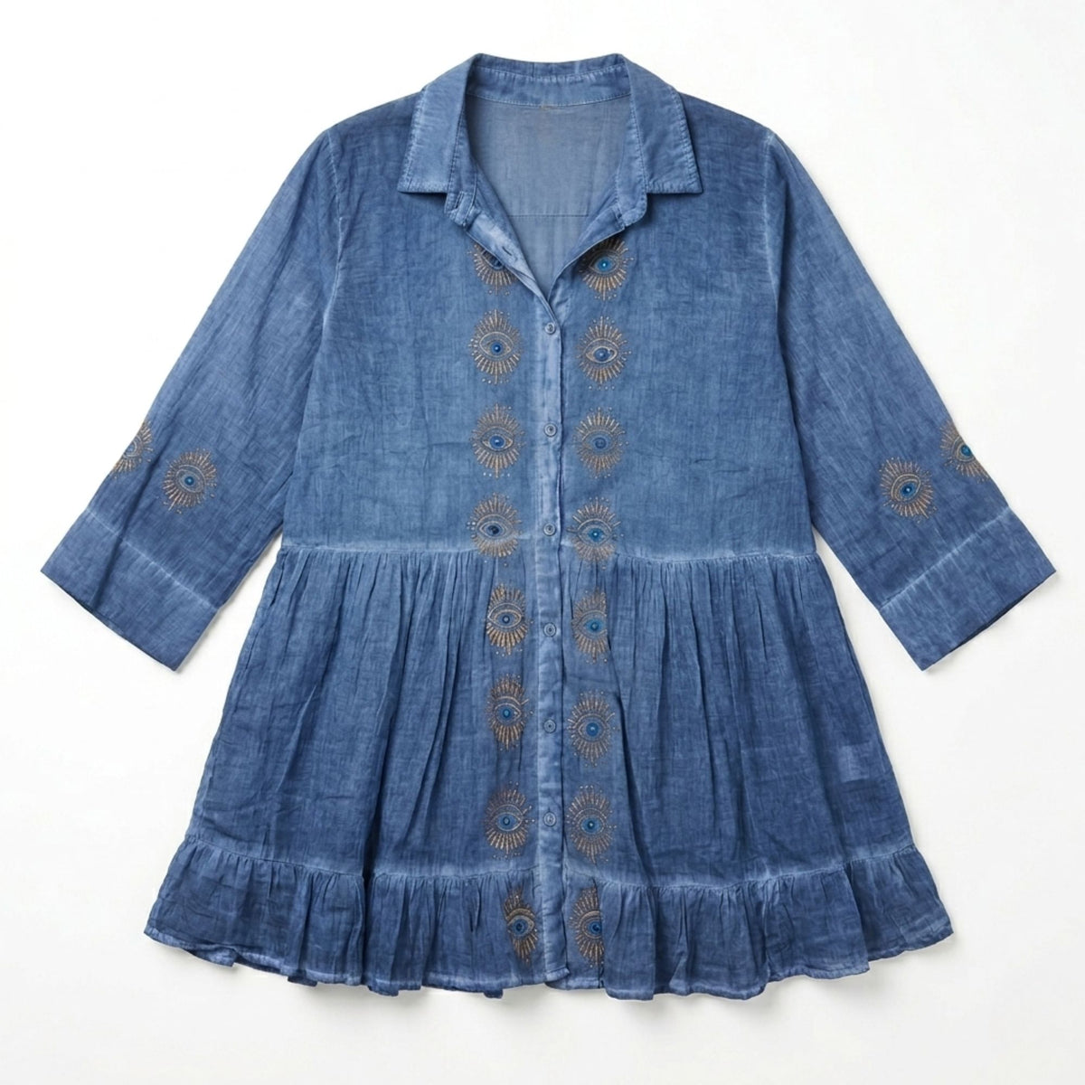 Nomad Sari On the Med Collection - Tunic Dress - Dusky Blue with Evil Eye Block Print (M-L) – product image 2 of 2