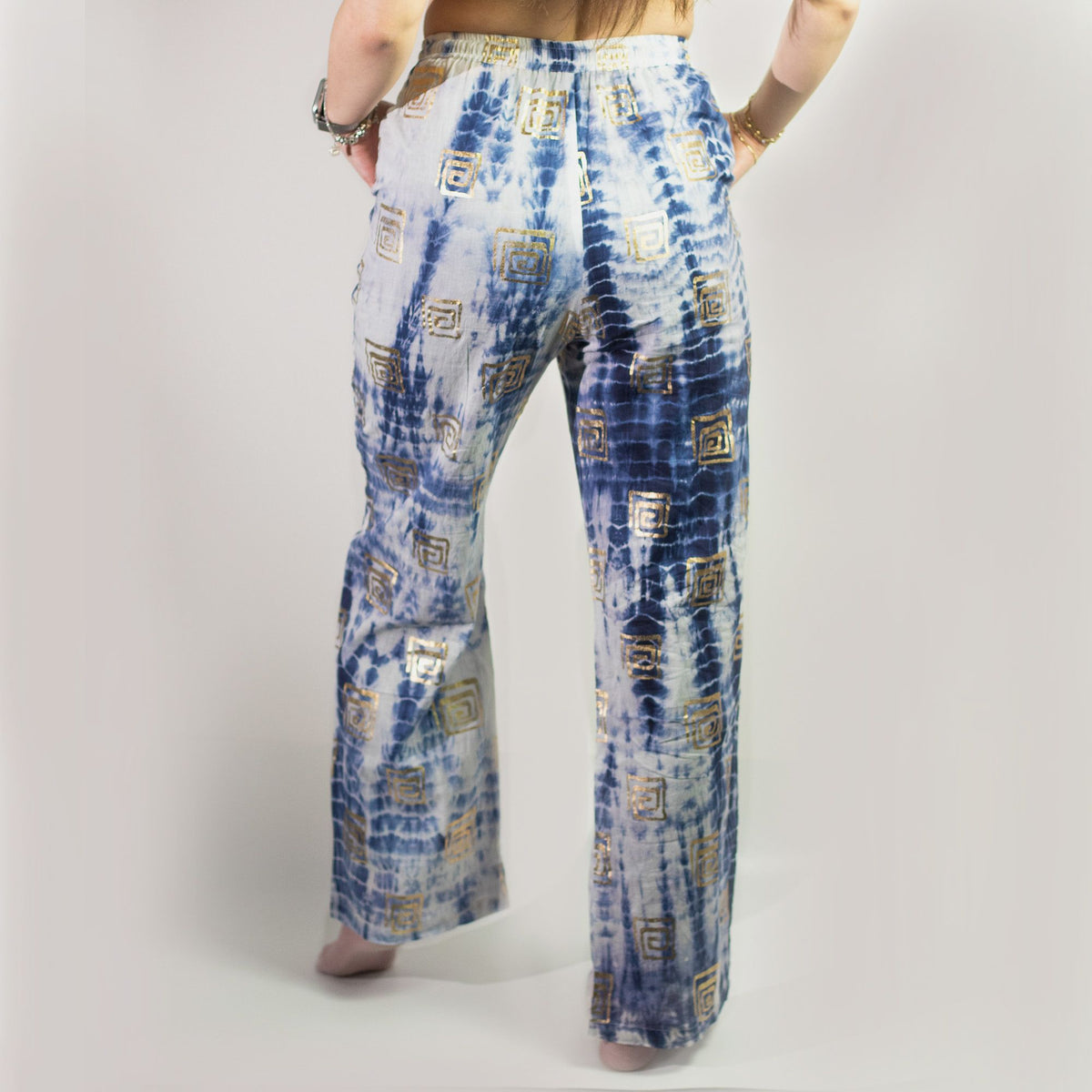 Nomad Sari Lounge Pants (M/L) – Blue Tie-Dye with Gold Greek Motif – product image 10 of 12