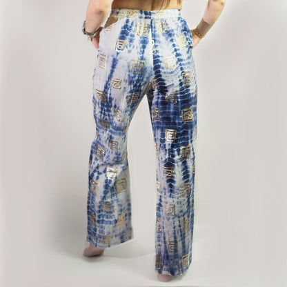 Nomad Sari Lounge Pants (M/L) – Blue Tie-Dye with Gold Greek Motif – product image 10 of 12