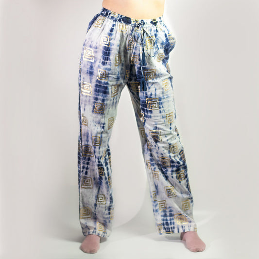 Nomad Sari Lounge Pants (M/L) – Blue Tie-Dye with Gold Greek Motif – product image 1 of 12