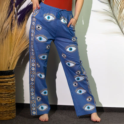 Nomad Sari Lounge Pants (M/L) – Rich Blue with Hand-Painted Gold Evil Eye Design – product image 4 of 10